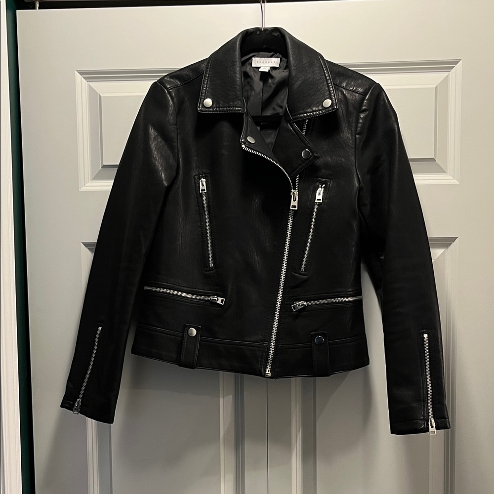 Topshop Black Faux Leather Jacket with Silver Accents
